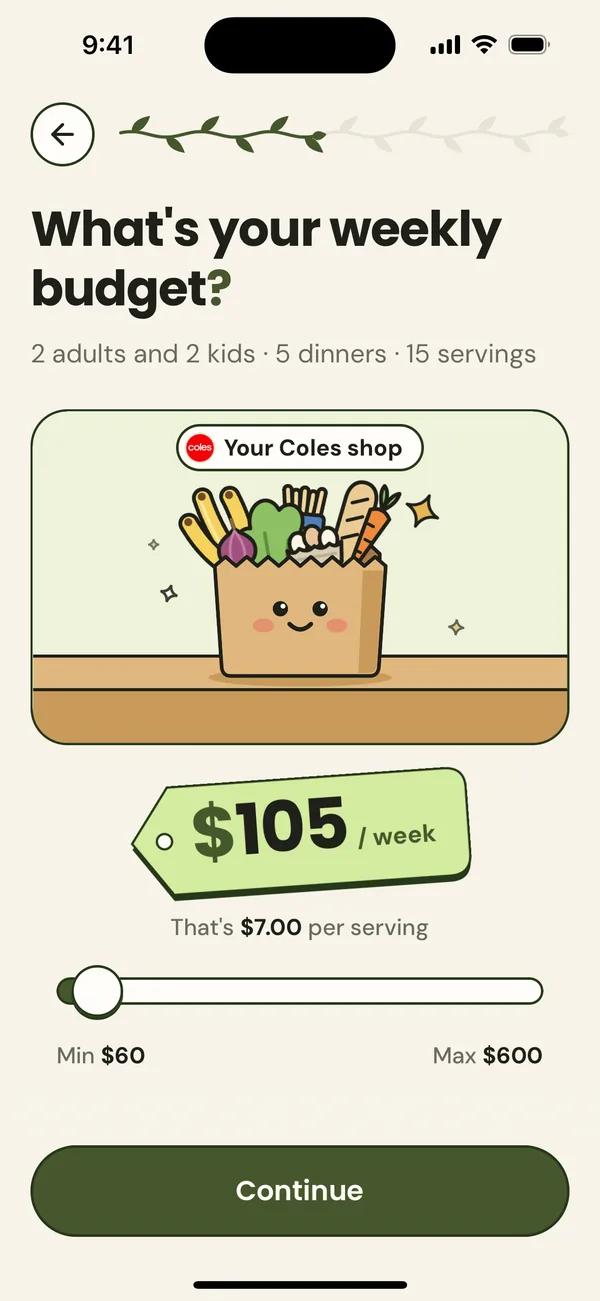 Setting a $105 weekly budget, which nomi shows as $7.00 per serving.