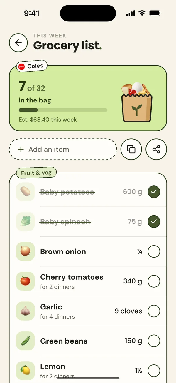 nomi's grocery list: 7 of 32 items in the bag, grouped by aisle, with amounts needed.