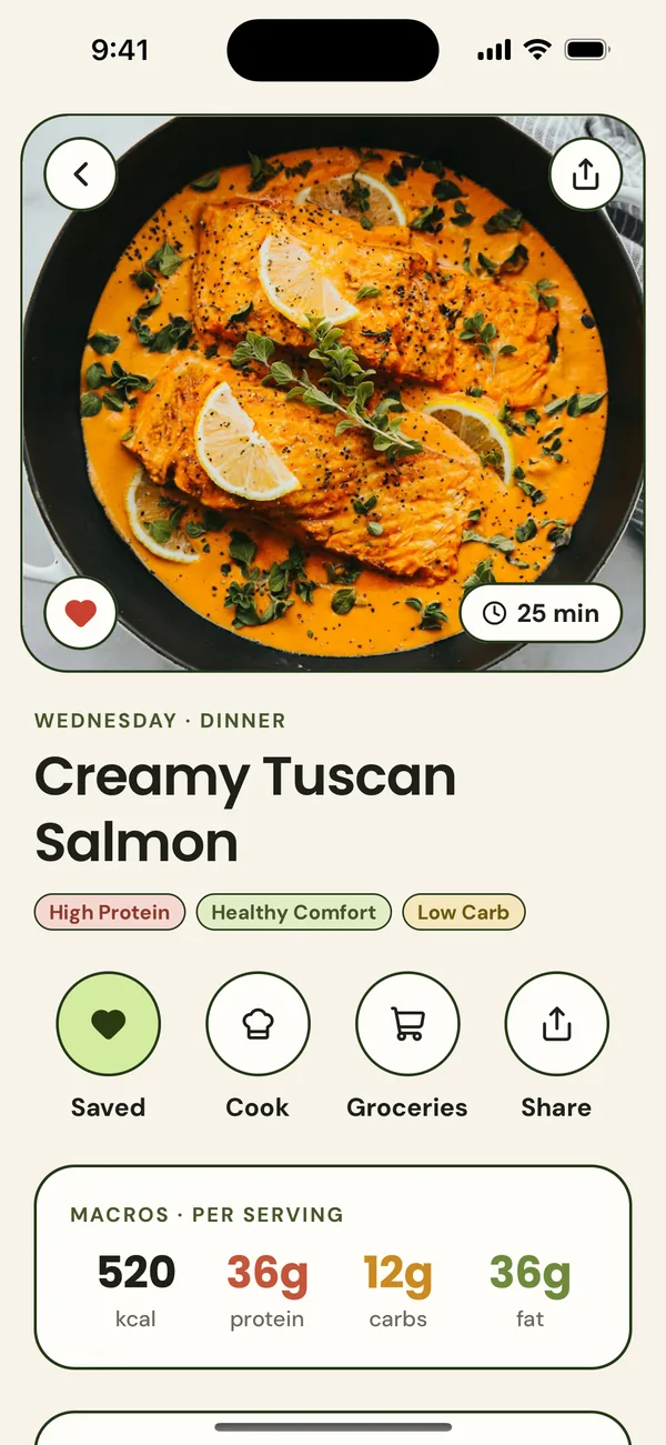 A recipe in nomi: Creamy Tuscan Salmon, 25 minutes, with its macros per serving.